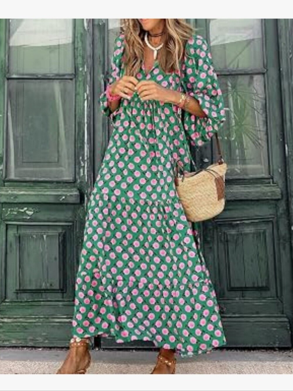 Green Floral Maxi Dress with Pink Blossoms
